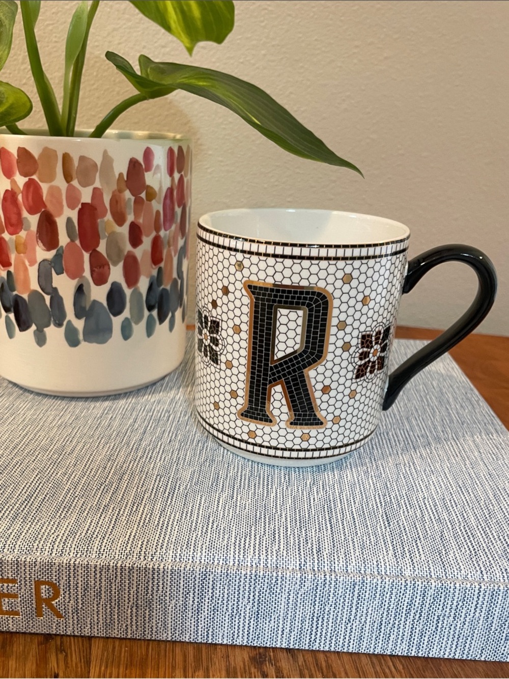 Anthropologie Bistro Tile Monogram Mug – Black & Ivory 24K Gold